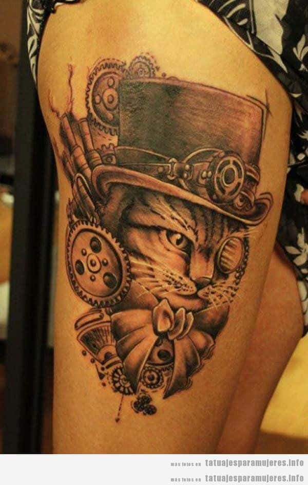Tatuajes steampunk mujeres, gato sombrero