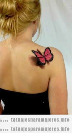 Tatuajes para mujeres, mariposa efecto 3D en el hombro
