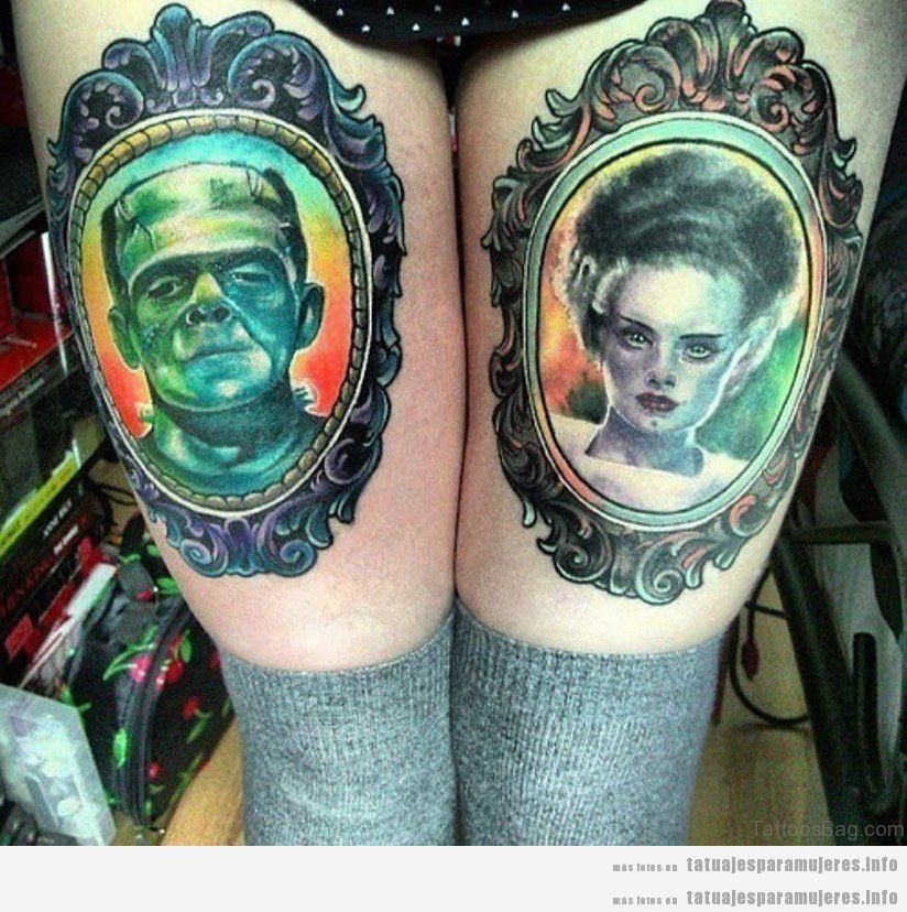 Tatuajes en el muslo con retratos de Frankenstein y novia en enmarcado