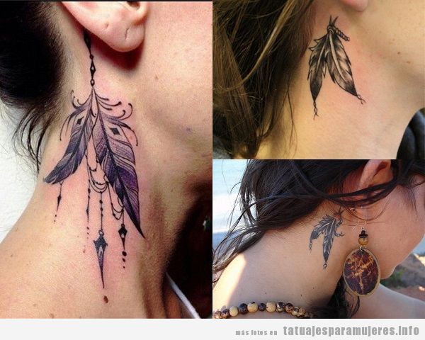 Tatuajes en el cuello para mujer con plumas