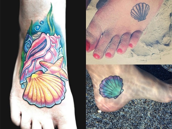 Tatuajes para mujer en el pie conchas marinas