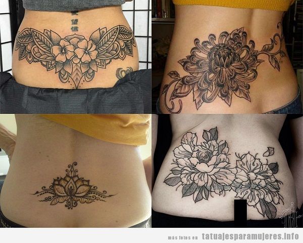 Tatuajes en la zona lumbar para mujer con diseño de flores