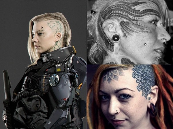 Tatuajes en la cara y cráneo para mujer