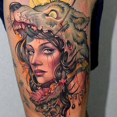 Tatuaje mujer cabeza lobo 2