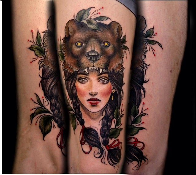 Tatuaje mujer cabeza oso 3