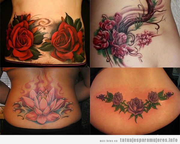 Tatuajes en la zona lumbar para mujer con diseño de flores de colores