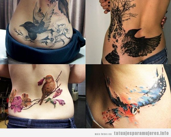 Tatuajes en la zona lumbar para mujer con diseño de pájaros