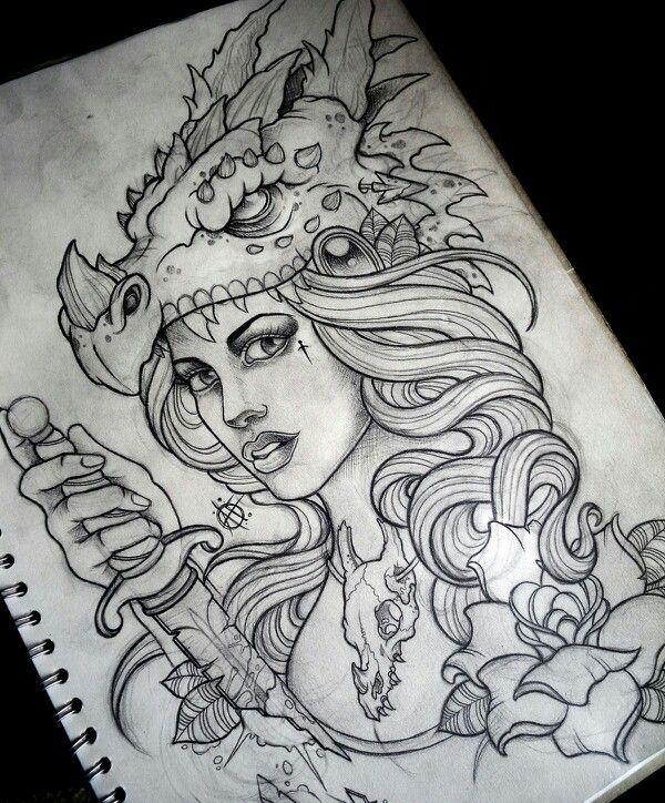 Dibujos a lápiz para tatuajes, guerrera dragón